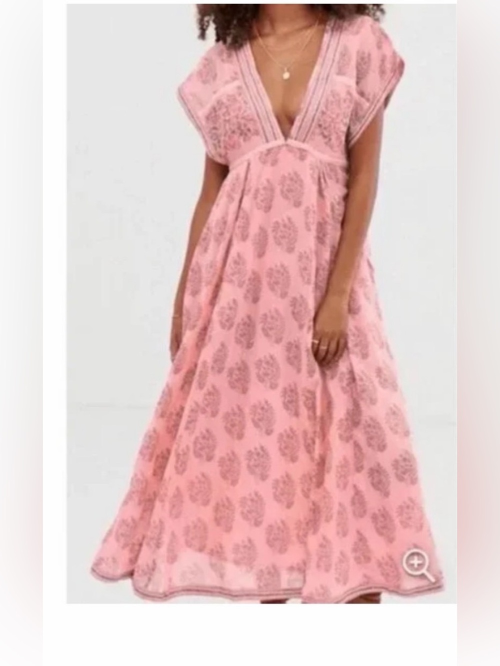 Free People Rose-Pink Printed Midi Dress with V-Neck SZ XS